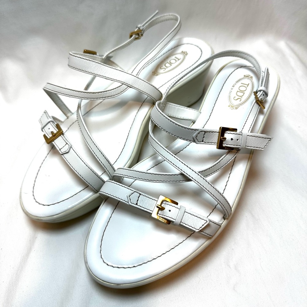 Tod's White Strappy Platform Sandals with Gold Buckles